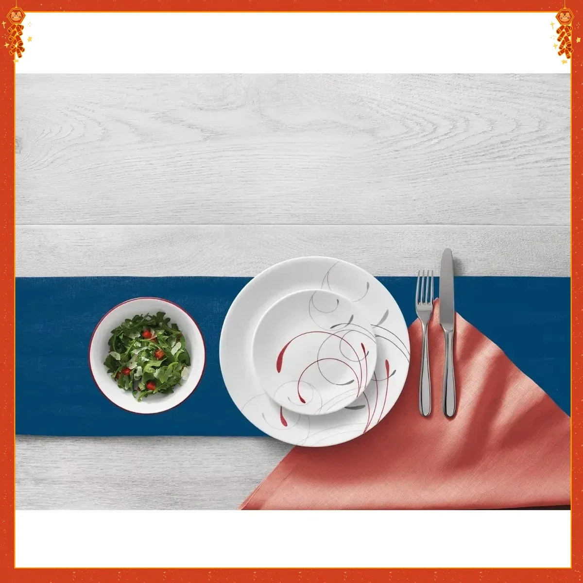 طقم أواني طعام كلاسيكية باللونين الأبيض والأحمر، أطباق وأوعية سيراميك مكونة من 12 قطعة. آمن للاستخدام في غسالة الأطباق، خدمة لـ 4 أشخاص، أدوات مائدة حديثة. #2