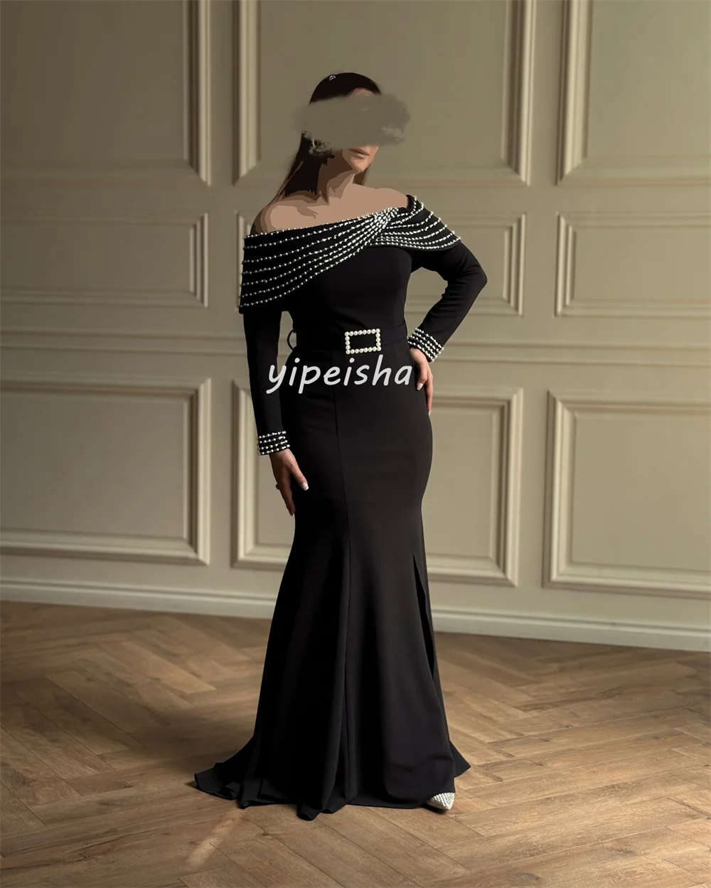 Op maat gemaakte prachtige casual jersey parel sjerp strass zeemeermin off-the-shoulder lange jurken op maat gemaakte gelegenheidsjurken mode