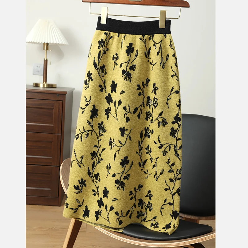 

Autumn And Winter Ladies High Waist Color Matching Jacquard Wool Skirt Knitted Skirt Loose Fashion Cashmere Dress