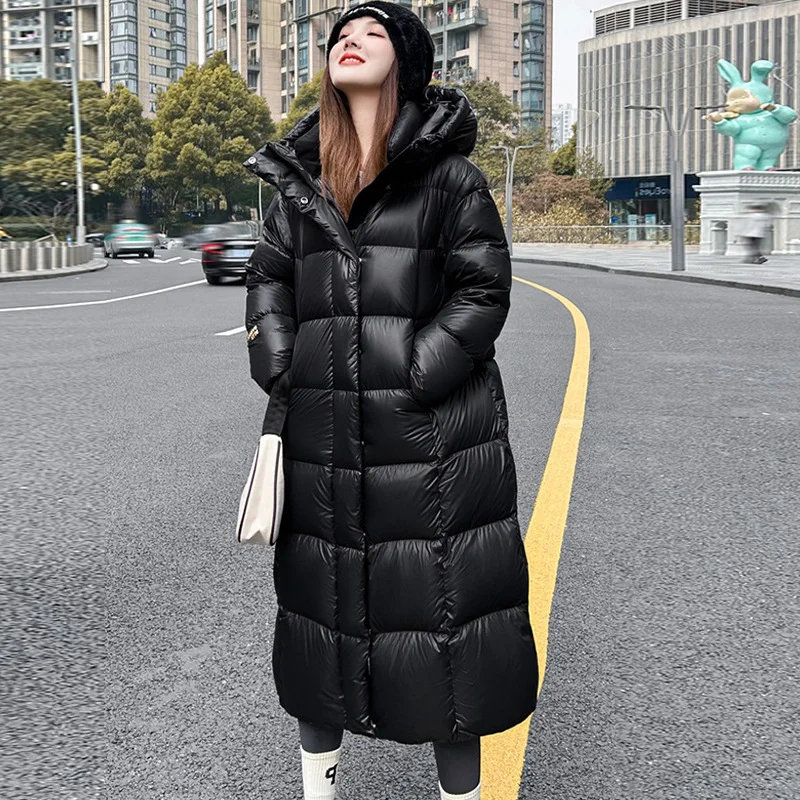 Women\'s Long Black Hooded Down Jacket, Warm Coats, Ultra-Thick Parkas, Lightweight Puffer Coat, Winter Jackets, 2024