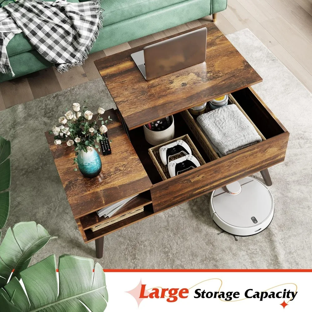 Wood Lift Top Coffee Table Hidden Compartment and Adjustable Storage Shelf, Lift Tabletop Dining Table  Home Living Room, Office