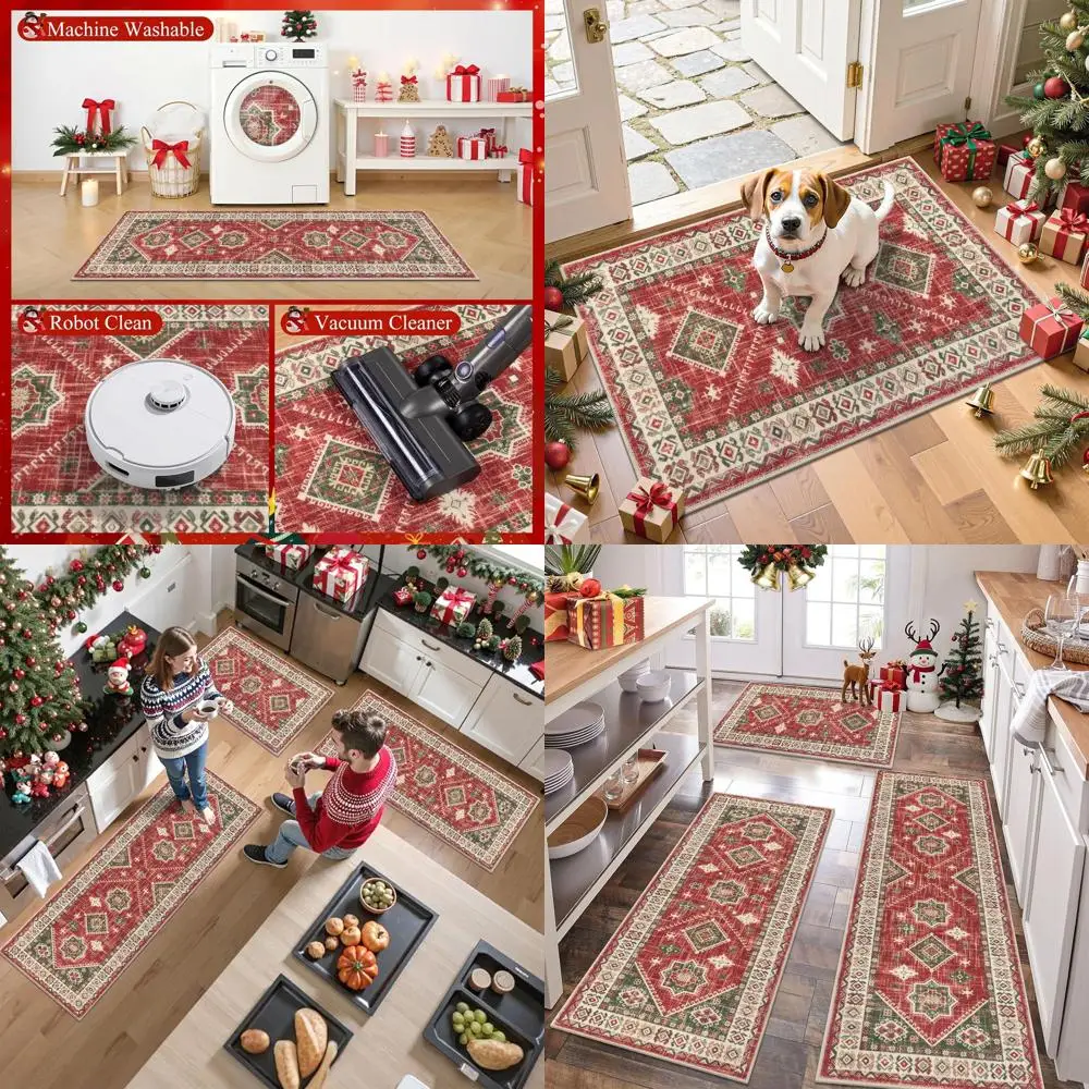 

Set of 3 Farmhouse Christmas Kitchen Rugs, Non-Slip Floor Mats, Washable for Winter Holiday Decor
