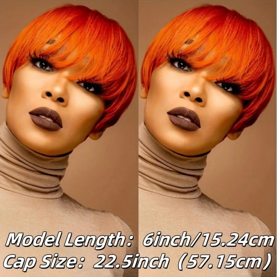 شعر بشري برازيلي مفرود من Pixie Cut كثافة 150% 6 بوصة برتقالي مع غرة - شعر مستعار مصنوع آليًا بالكامل، قبعة شبكية وردية