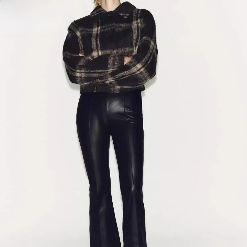 

Модные женские брюки-клеш из искусственной кожи с высокой талией, длиной до щиколотки, облегающие, осенняя новинка