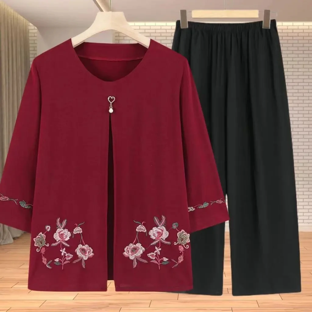 5XL Elderly People Cardigan Blouse Coat Spring Summer 3/4 Sleeve Grandma Embroidery Shirt Middle Age Women Top + Pant Sets 2PCS