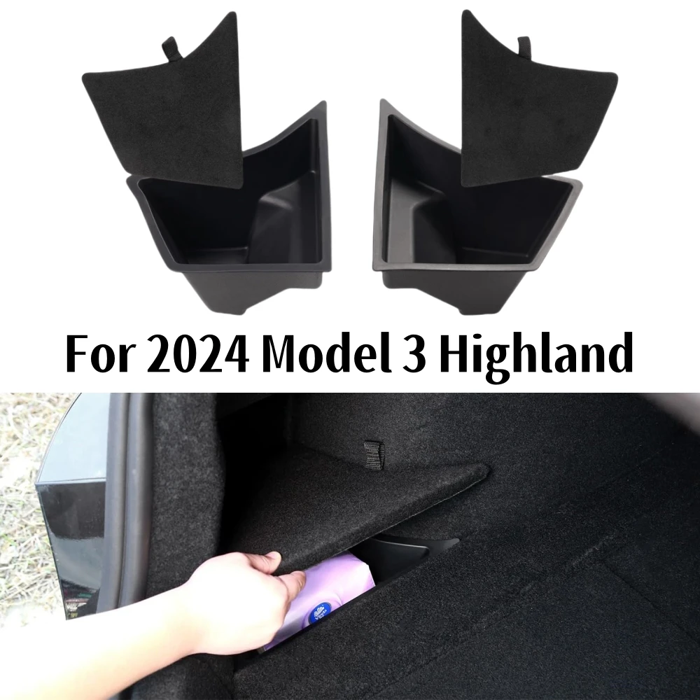 For Tesla Model 3 Highland 2024  Trunk Side Storage Bins Cargo Compartment Liners TPE Box Boot Organizer Bucket With Lid