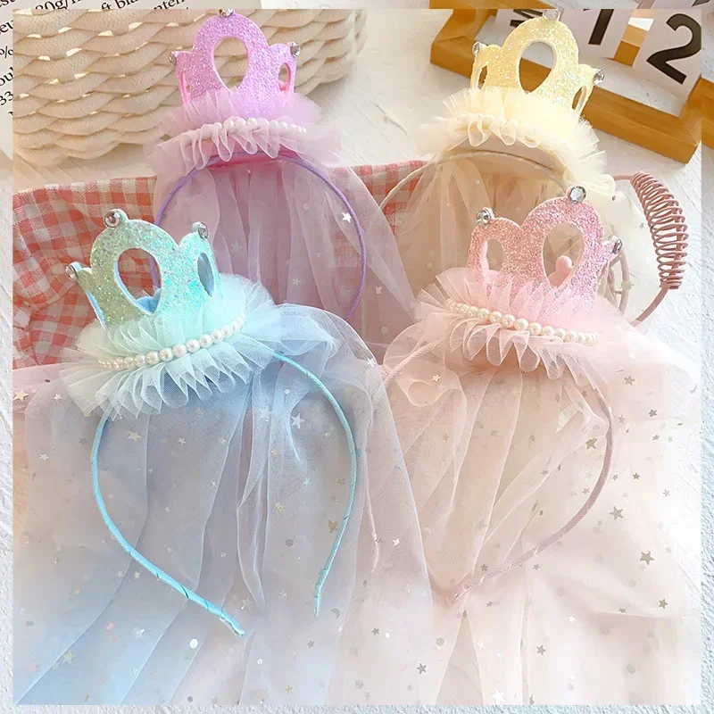 Princess Girl Hair Hoop Sweet Crown Squein with Mesh Hairs Band for Toddler Girl Birthday Party Baby Head Wear Hair Accessories