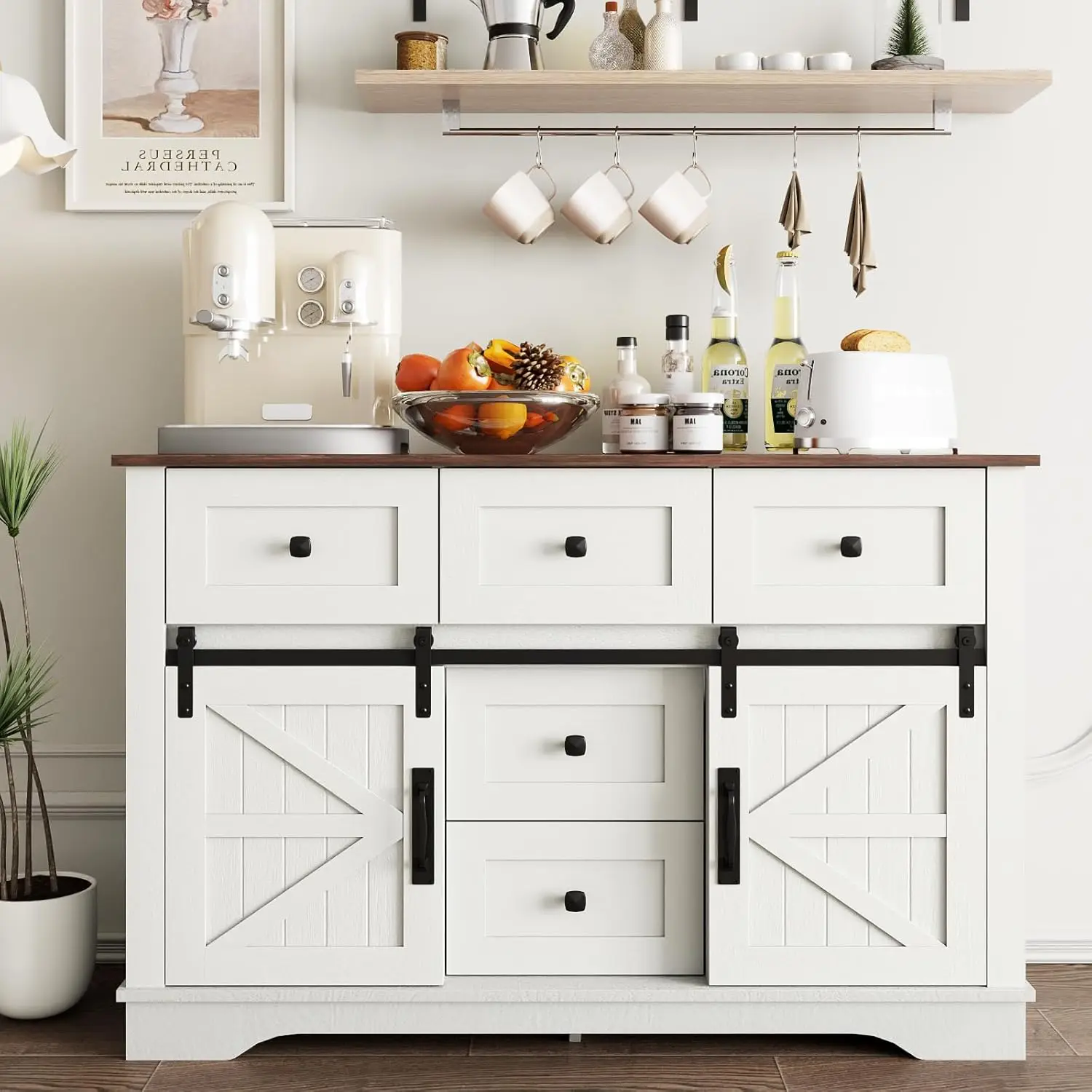 Farmhouse Sideboard Buffet Cabinet with Storage, Large Kitchen Sideboard Cabinet, Sliding Barn Doors and 5 Drawers, Adjustable S