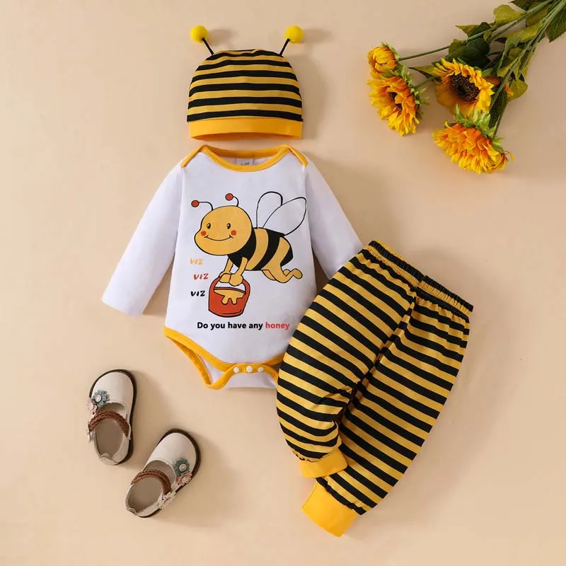 Ensemble 3 pièces pour bébés garçons et filles, body à manches longues avec lettres d'abeille, pantalon rayé, chapeau, vêtements pour nouveau-nés de 0 à 18 mois