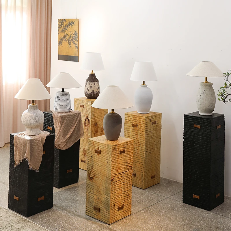 Japanese Wabi-sabi Handmade Ceramics Table Lamp White Linen Fabric Lampshade Living Room Bedroom