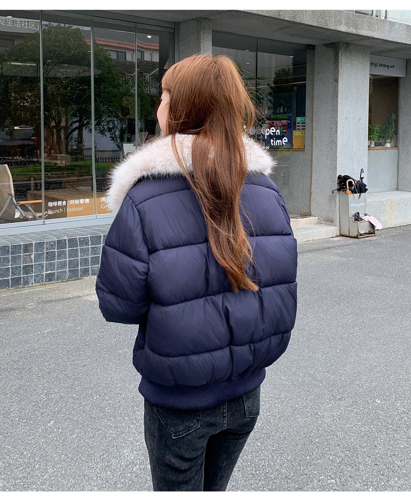 Korean Version Fashion Gray Long-sleeved Short Down Cotton Clothes Women's Winter New Removable Fur Collar Splicing Warm Jacket