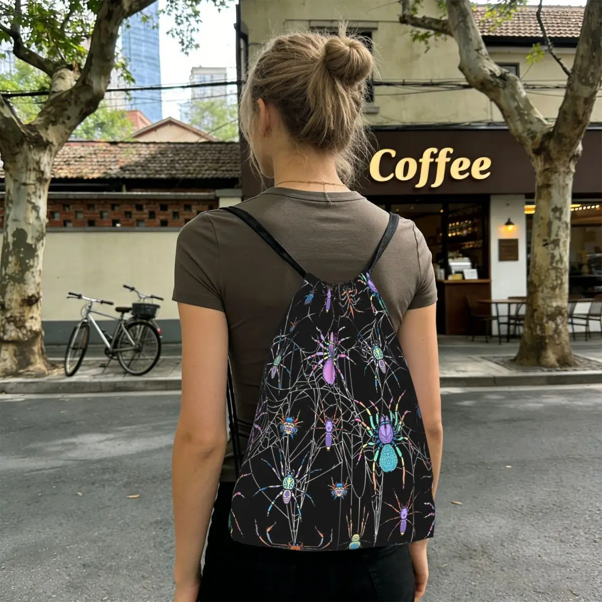 Vibrant Colorful Spider And Web Pattern Backpacks Portable Drawstring Bundle Pocket Sports Bag Book Bags for Man Woman School
