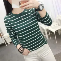 Spring Autumn Collection Women's Loose-fit Striped Cotton T-shirt Long Sleevet Autumn Thin Inner Base Layer Top