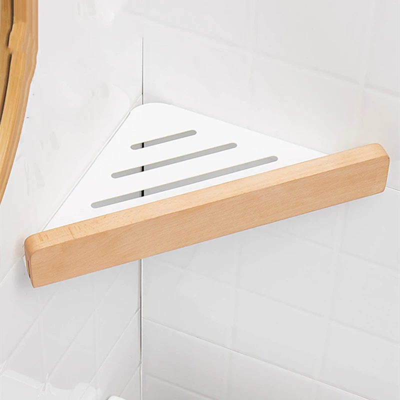 

Wood Triangle Shelf White Bathroom Corner Shelves Kitchen Wall Shelf Shower Bath Shampoo Storage Rack Bathroom Accessories