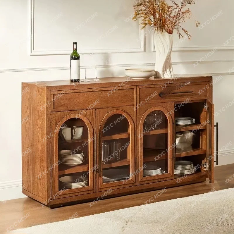 Solid wood dining side cabinet Arched glass locker Retro living room dining room log storage cabinet