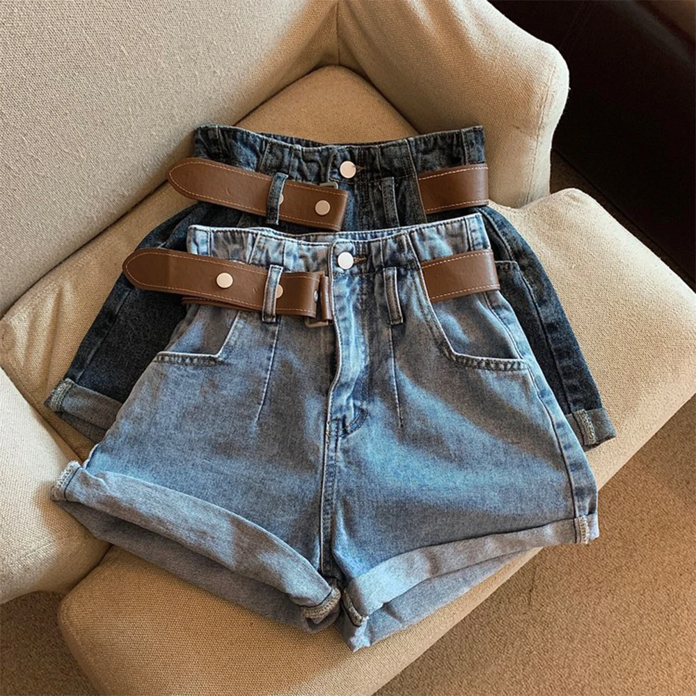 Women Blue Denim Shorts American Vintage Y2k Gyaru Micro Boot Jean Shorts with Belt High Waist Wide Leg Cowboy Hot Shorts Summer