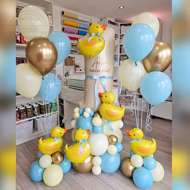 58pcs Mini Duck Balloon Arch Garland Kit with 40inch Number Blue Yellow Latex Balloons for Boy or Girl Gender Revealing Decor