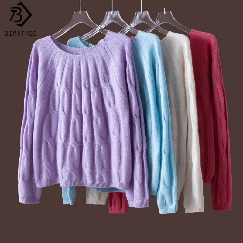 

Birdtree,Wool Cashmere Blend Solid Knitted Sweater,Woman O-neck Raglan Sleeve Knitwear,2025 Autumn Warmth Pullover T5O511JF