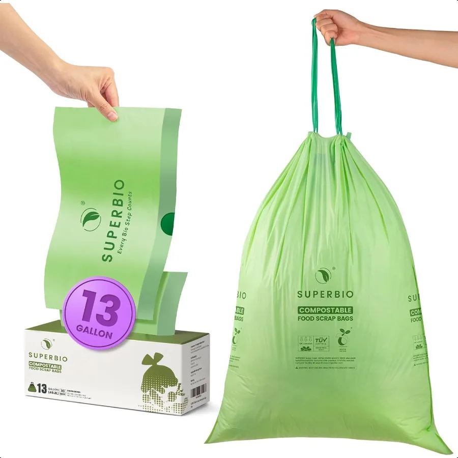 Bolsa de basura de cocina con cordón compostable de 13 galones, 49,2 litros, 30 unidades, 1 mil, bolsas de desecho de alimentos resistentes, plántulas BPI y OK com