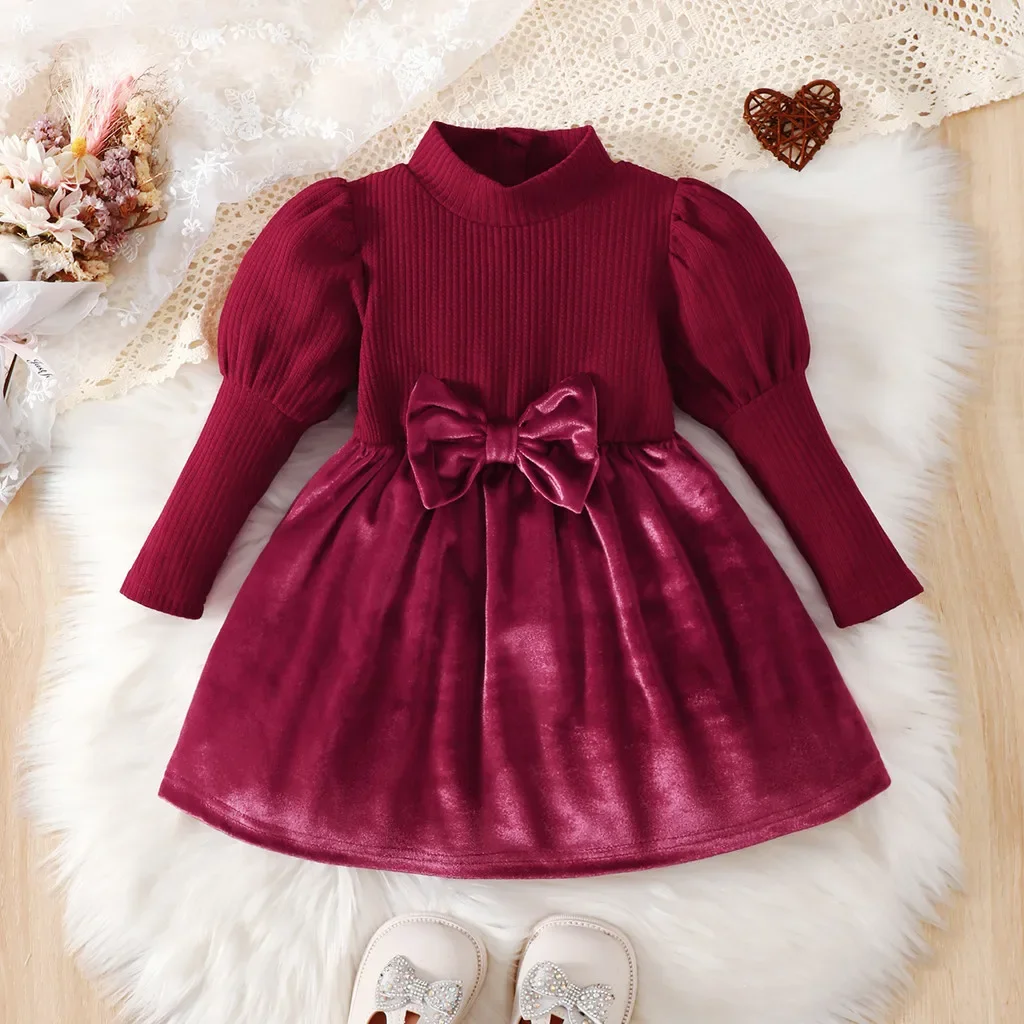 0-3 Years Toddler Baby Girls Princess Dress Long Sleeve Bow Belt Red Velvet Dresses Soft Fabric Elegant Wedding Party Clothing