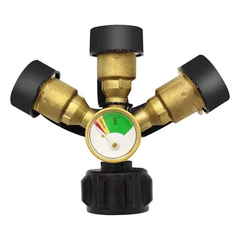 L33A_3 Way Propane Splitter with Gauge and Shut-Off Valve, 3 Y Propane Gas Splitter, Propane LP Tank Tee Gauge Adapter