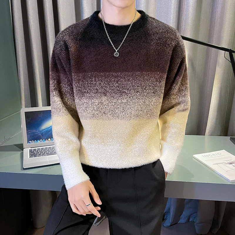 

Мужской теплый вязаный свитер с круглым вырезом, окрашенный в стиле омбре, свободного кроя, модный брендовый, новинка 2023 года, повседневный, с длинным рукавом