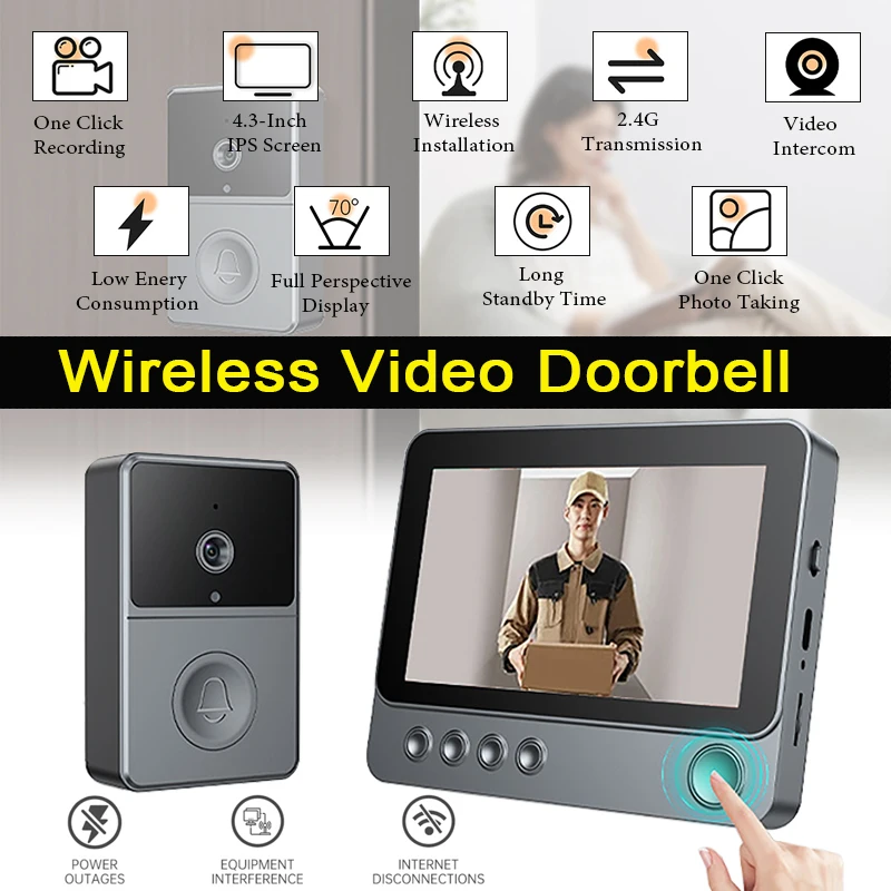 2.4G كاميرا جرس الباب اللاسلكية جرس الباب الذكي مع شاشة IPS 4.3 بوصة التسجيل التلقائي للرؤية الليلية اتجاهين صوت جرس الباب #3