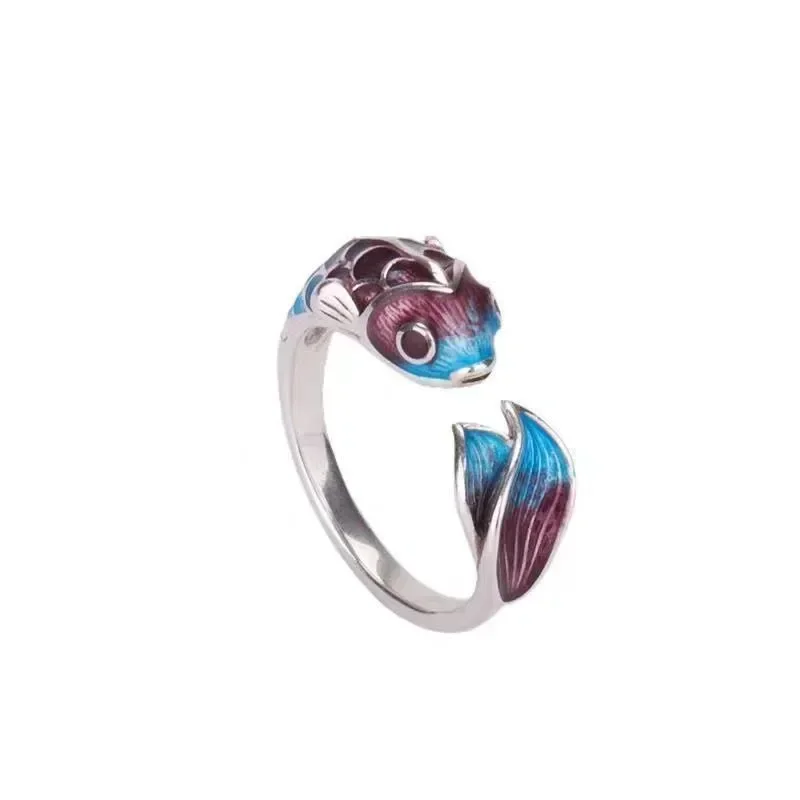 Retro Transit Lucky Brocade Fish Cyprinoid Women's Open Ring Fashion Silver Copper Metal   Party Jewelry Gift