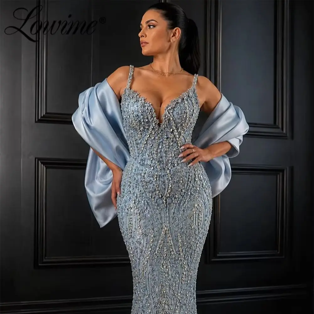 

﻿Two Pieces Blue Mermaid Evening Dresses For Women Spaghetti Straps Customized Wrap Prom Gown Crystal Beaded Wedding Guest Dress