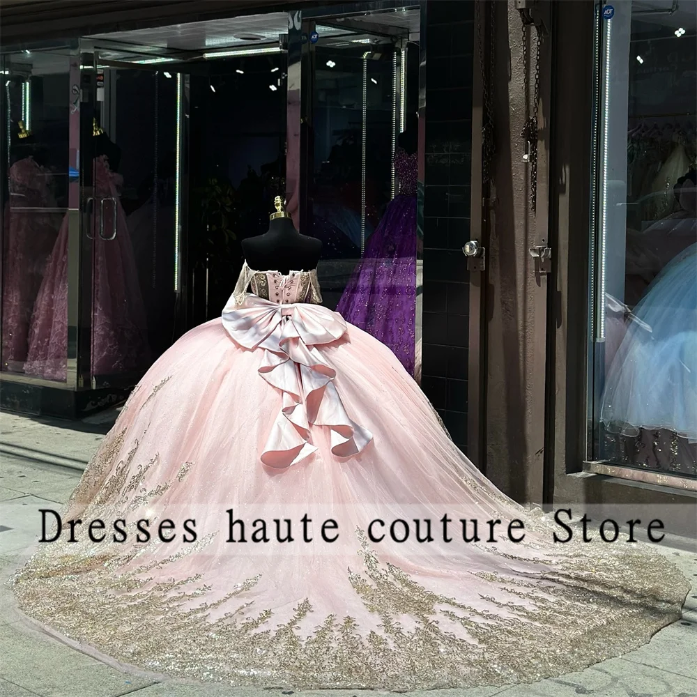 Gold Sequins Lace Pink Tulle Quinceanera Dresses 2025 With Bow Sweet 16 Dress Birthday Dress Customized Vestido De Quinceañera