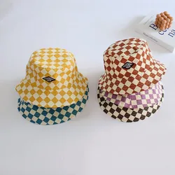 Fashionable Checkerboard Pattern Kids Bucket Hat Cute Plaid Baby Boys Girls Sun Hat Soft Kids Chilren Fisherman Panama Caps