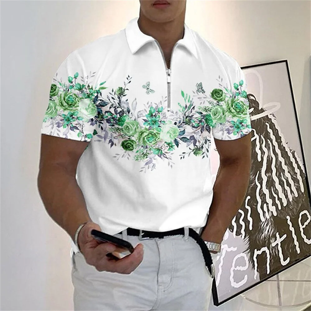 Fashion Zipper Polo Shirt For Men Floral Printed Daily Casual Short Sleeved Loose Oversized Shirt High Quality Men\'S Clothing