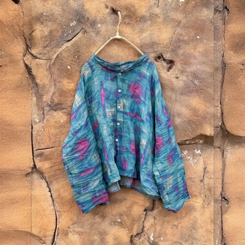 Ramie manches longues imprimé fleuri ramie mince chemises et haut femmes 2025 été automne nouveau Style Vintage lâche Cardigan Blouses