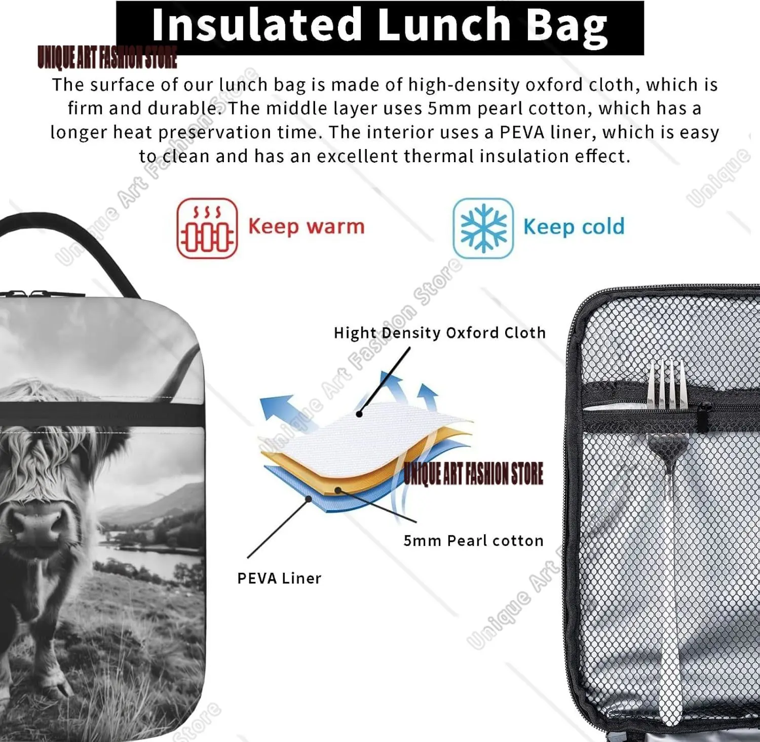 Koe geïsoleerde lunchbox voor dames heren Koe lunchtas voor werk Picknick Reizen Wandelen Strand of vissen Koe lunchbox