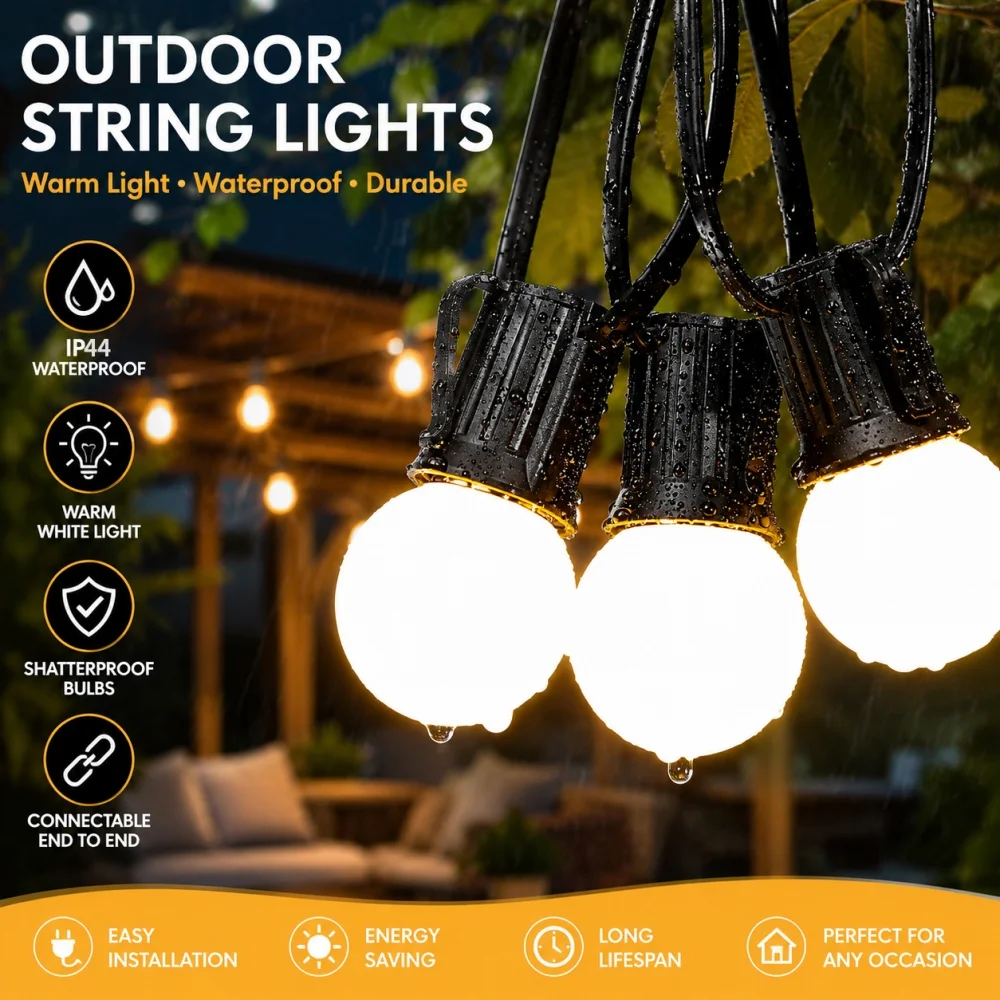

G40 Outdoor String Lights Waterproof Shatterproof Globe Bulbs Connectable Warm White Fairy Light for Patio Garden Party Decore