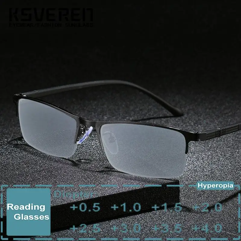 

KSVEREN Men Metal Reading Glasses Business Half Frame Prescription Glasses Presbyopic Eyeglasses Outdoor Sunshade Sunglasses