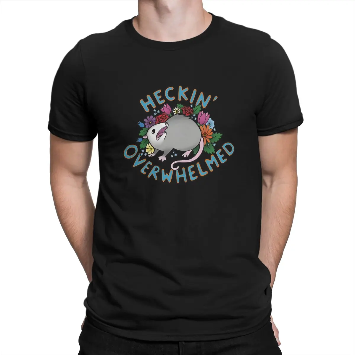 Heckin' Overwhelmed Round Collar TShirt Cute Opossum Original Polyester T Shirt Men Tops Fashion