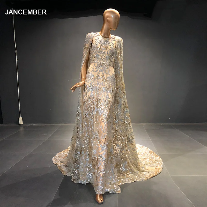 

Scz042 Jancember Sparkly Champagne Luxury Dubai Evening Dresses With Cape Long Elegant Arabic Wedding Formal Party Gowns