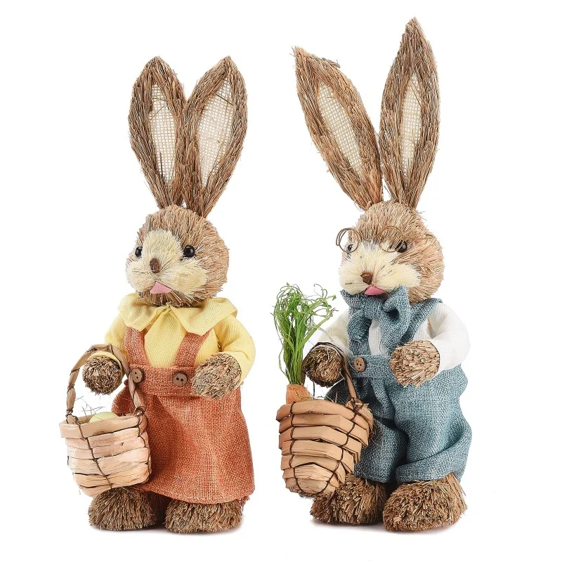 2PCS Bunny Ornaments Rural Style Male Female Rabbit Figurine For Easter Day Home Decoration 35cm