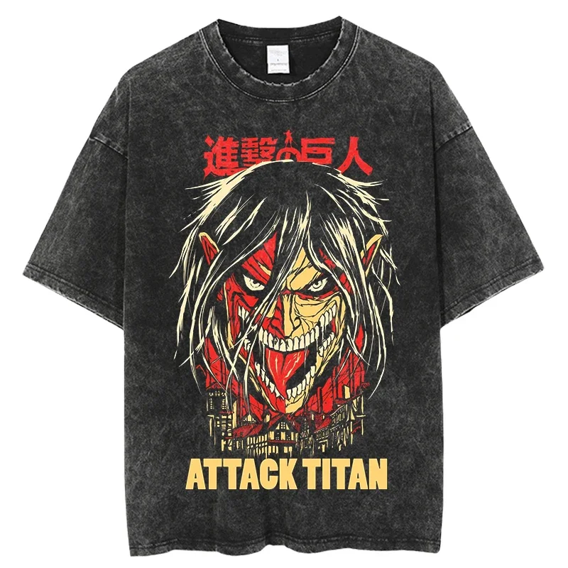 2026 Anime Attack on Titan Eren Jaeger Printed T-shirt Men's and Women's Washed T-shirt High Quality Vintage Cotton T-shirt Top