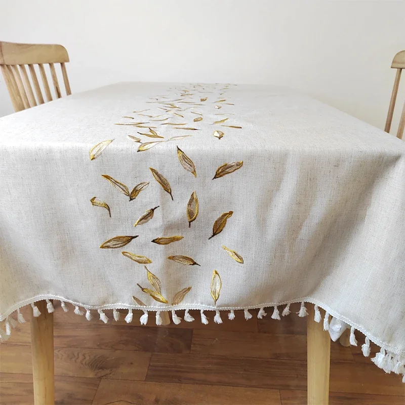 Embroidery Anglicanum Tassel Tablecloth, Cotton Linen Dust Proof Table Cover, for Kitchen Dining Room,Home Party Tabletop Decor