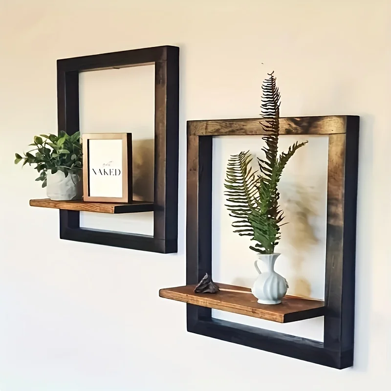 2 Set Retro Wood Wall Shelf，Black and Brown - Country Style Square Display Stand，Suitable for Photos、Candle、Flowers、Album and Po