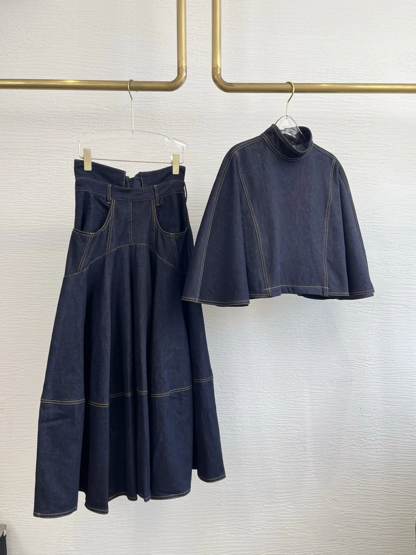 

Navy Blue 3/4 Sleeve Stand Collar Denim Blouse Tops and Mini Skirt Set