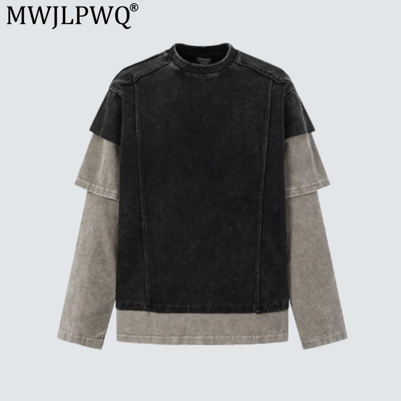 MWJLPWQ Washed Distressed Faux Three-piece T-shirt Male Contrasting Colors Layered Long-sleeve Street Loose Round-neck Top 20415
