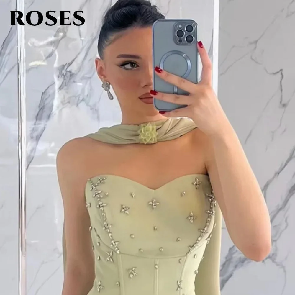 

ROSES Mint Green Stain Party Dress с шарфом для женщин Вечернее платье трапециевидной формы без бретелек فساتين السهرة по индивидуальному заказу