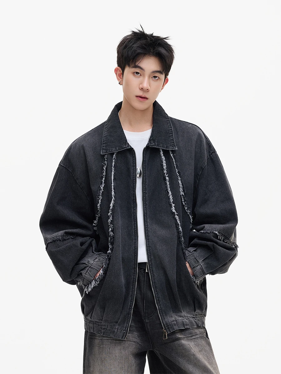 Chaqueta Vaquera Retro Americana para Hombre con Cuello Deshilachado y Estilo Casual para Otoño