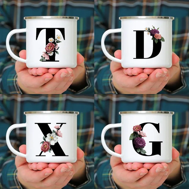 

A To Z Initials Letter Flower Print Enamel Mug Coffee Cup Drinks Water Milk Cups School Homes Hotel Handle Mugs Holiday Gifts