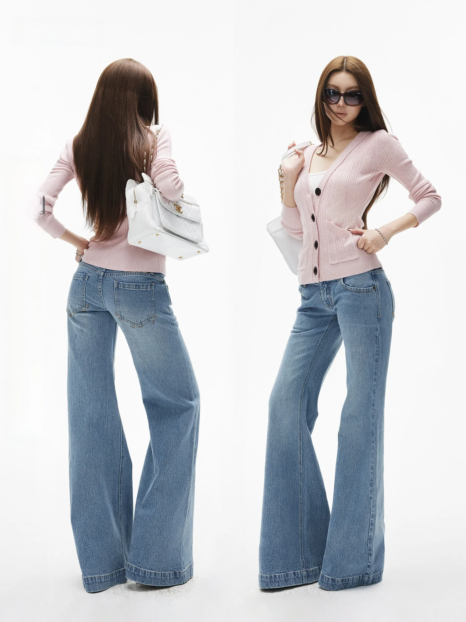

Low Waist Classic Five ket Straight Leg Bell Bot Jeans Light Blue Waed Casual Cotton Denim Pants for Women