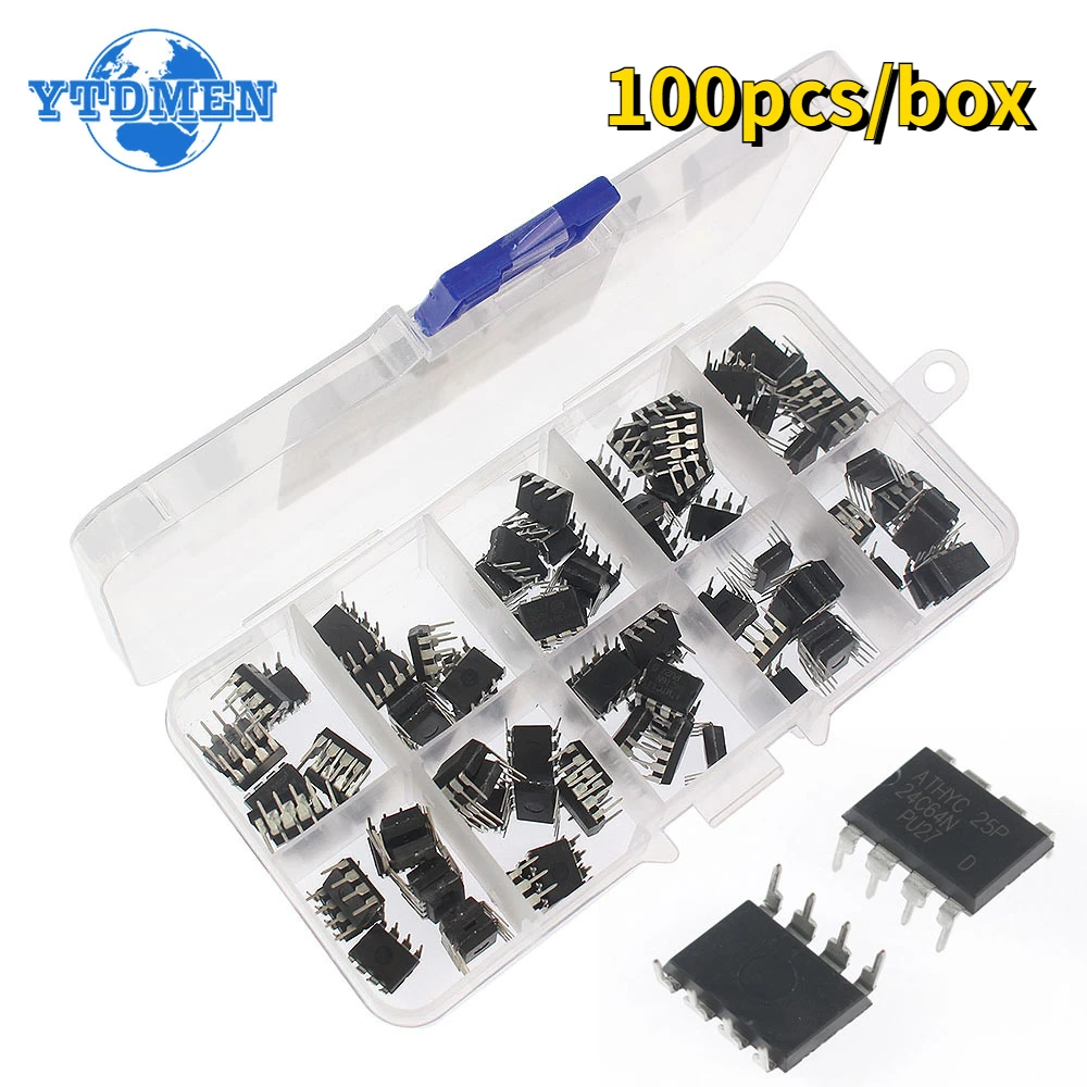 

100pcs/box Integrated Circuit NE555 UC3842 UC3843 UC3845 24C02 24C04 24C08 24C16 24C32 24C64 DIP IC Chip Kit