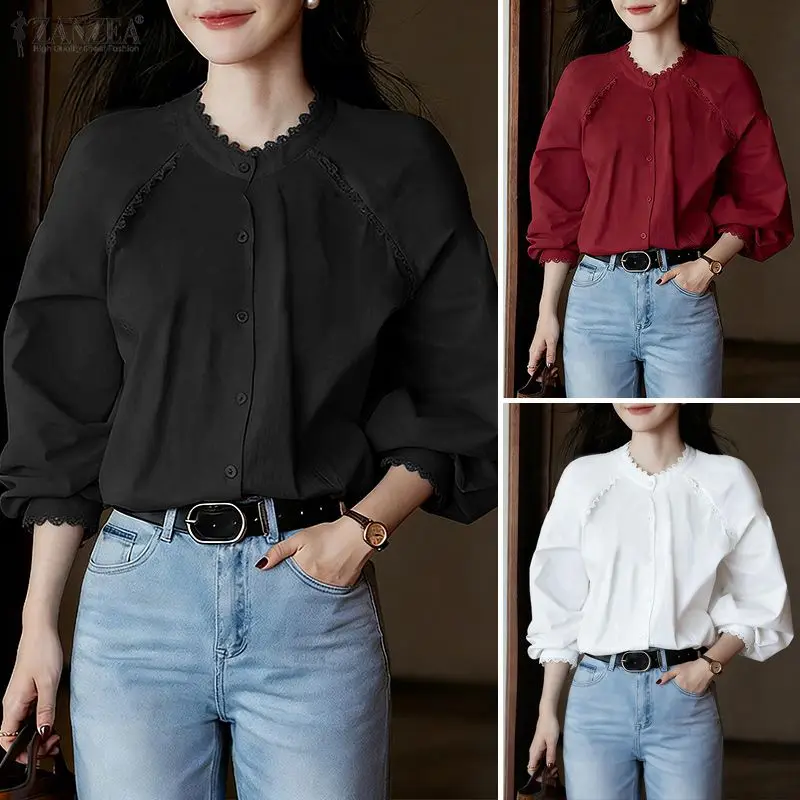 

ZANZEA Fashion Lantern Sleeve Shirts Women Long Sleeve Buttons Patchwork Tops Casual Elegant Office Lady Streetwear Solid Blusas